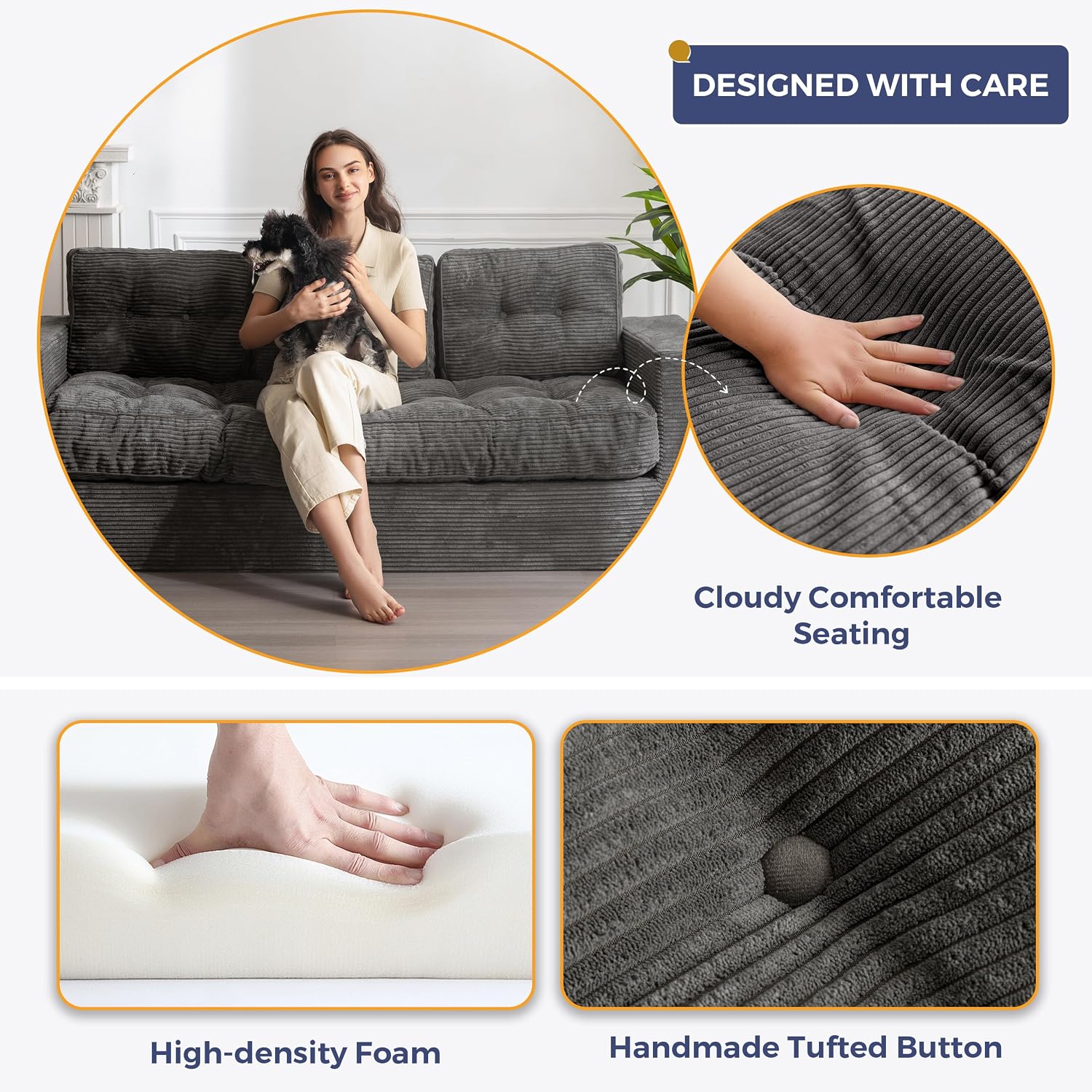 MAXYOYO 3 Seater Couch for Living Room, Boneless Couch with Tufted Cushion & Backrest, Upholstered Floor Sofa, Sofa in A Box, Dark Grey