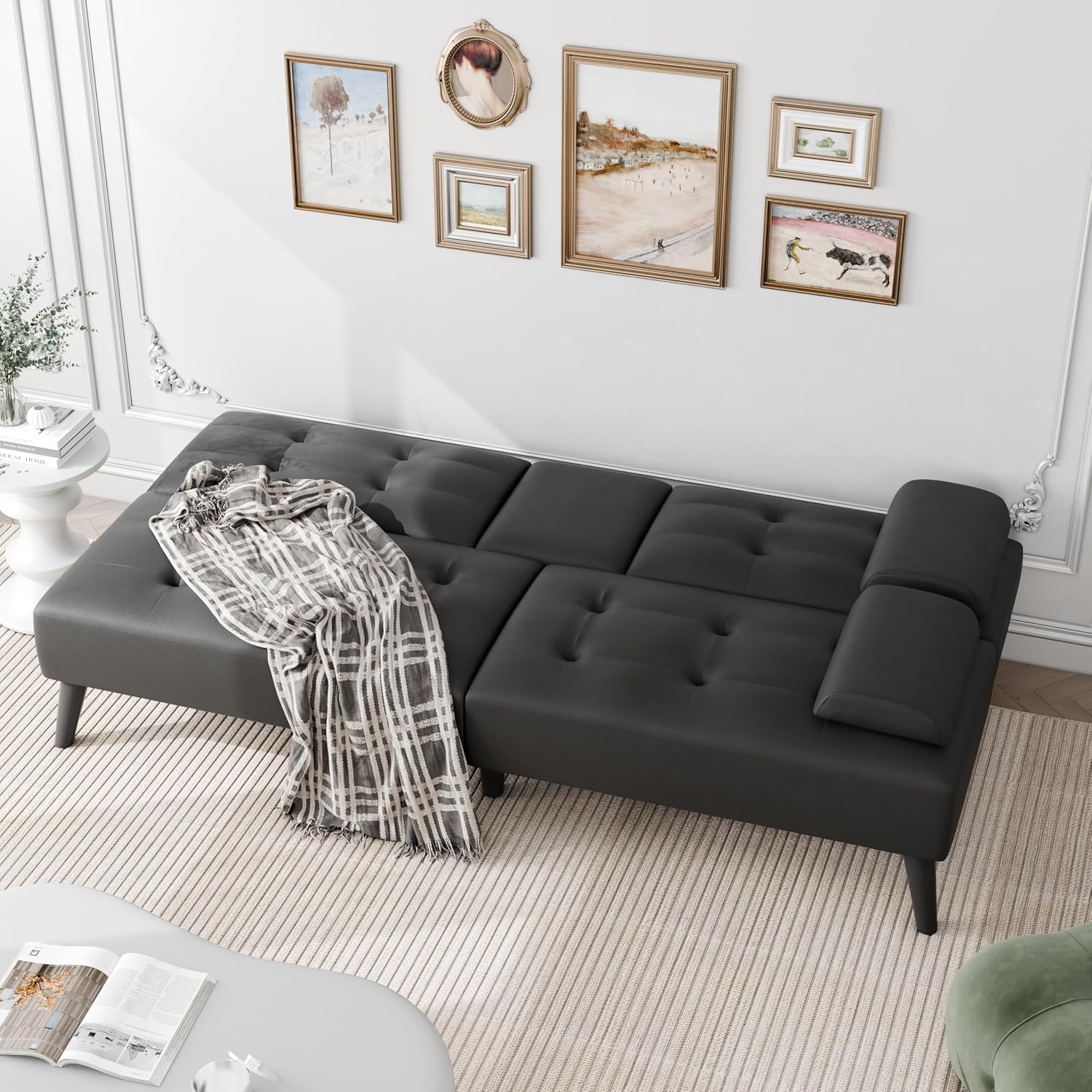 JAMFLY Futon Sofa Bed, Modern Convertible Folding Loveseat - Multi-Functional Recliner with 3-Angle Adjustment, Detachable Armrests with Cup Holders - Ideal for Small Spaces, Black Leather