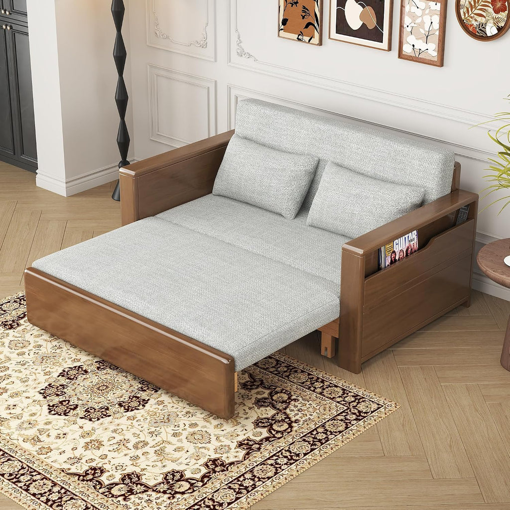 48'full double size grey cushion convertible sofa sleeper with storage,sectional sleeper sofa with reversible chaise,wood sofa bed 3 in 1 pull out couch bed for livingroom,apartment,bedroom,office
