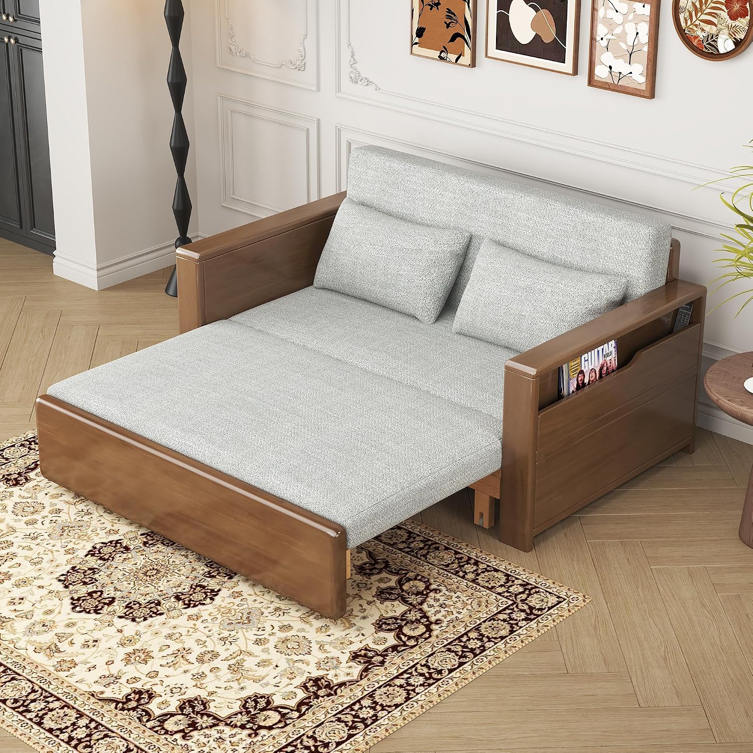 48'full double size grey cushion convertible sofa sleeper with storage,sectional sleeper sofa with reversible chaise,wood sofa bed 3 in 1 pull out couch bed for livingroom,apartment,bedroom,office