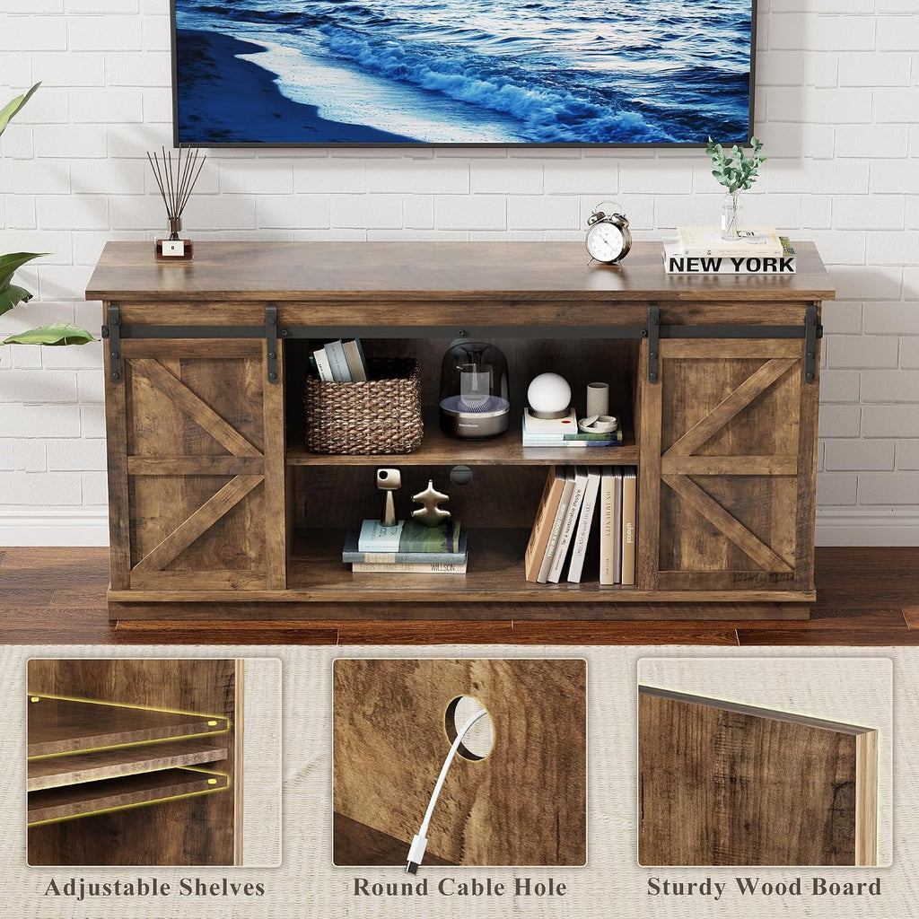 YESHOMY TV Stand for Televisions up to 65 Inches, with Sliding Barn Doors and Storage Cabinets, Console Table and Media Furniture for Living Room, 58 Inch, Barnwood