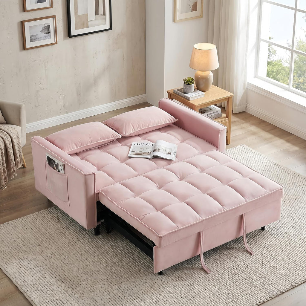 3 in 1 Convertible Sofa Bed, Loveseat Sleeper Sofa with Large Side Pockets, Pull Out Couch with Adjustable Backrest, Easy Assembly, Velvet Couch Bed for Small Spaces, Apartment, Pink