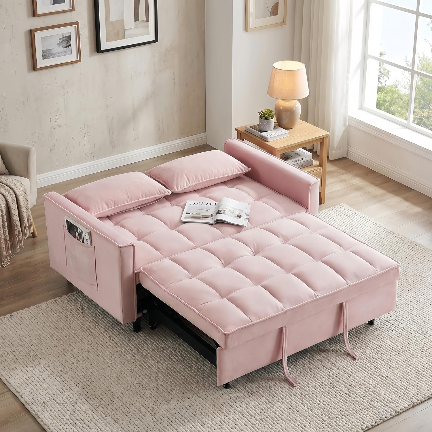 3 in 1 Convertible Sofa Bed, Loveseat Sleeper Sofa with Large Side Pockets, Pull Out Couch with Adjustable Backrest, Easy Assembly, Velvet Couch Bed for Small Spaces, Apartment, Pink