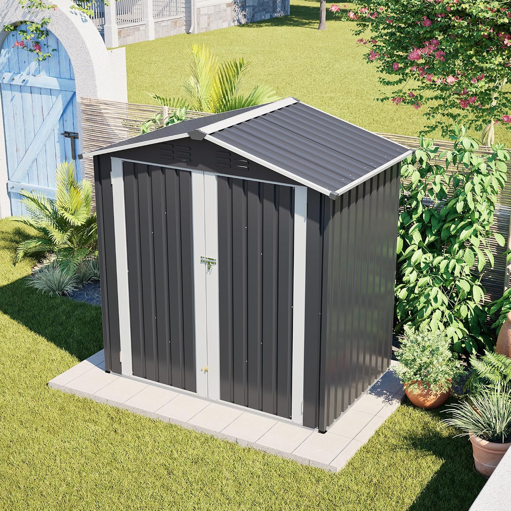 YOPTO 6 x 4 FT Outdoor Storage Shed with Floor Base & Lockable Hinge Door,Metal Garden Shed W/Sloped Roof,for Backyard Patio Lawn,Gray