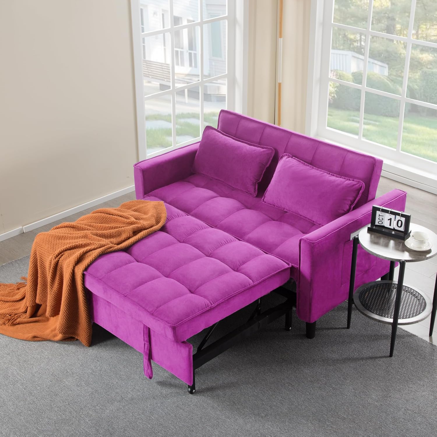 3 in 1 Convertible Sofa Bed, Love Seat Sleeper Bed with Side Pockets, Velvet Fabric Pull Out Couch with Adjustable Backrest for Living Room, Bedroom, Apartment, Deep Pink