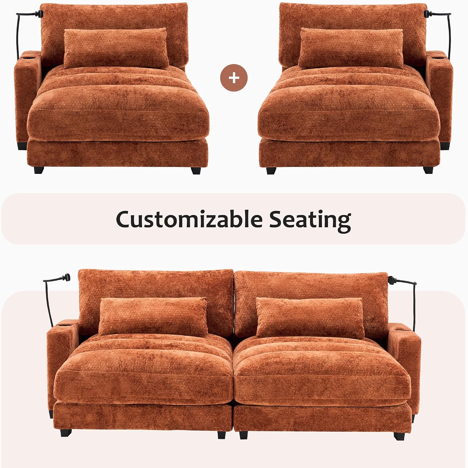 Yoglad Oversized Recliner Lounge Chair with USB Charging & Phone Holder - 400lb Heavy Duty Soft Chenille Reading Chair for Adults, Perfect for Small Spaces in Bedroom/Living Room, Orange