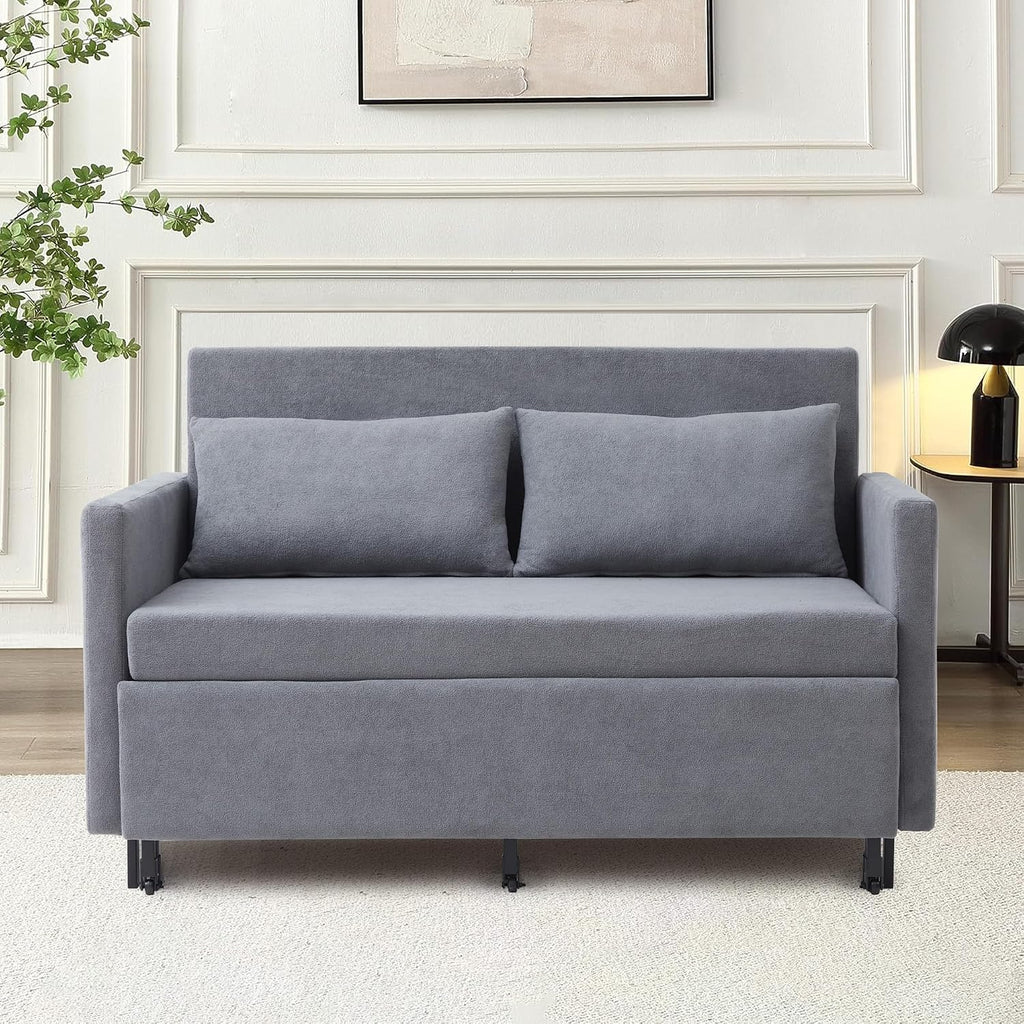 3-in-1 Sleeper Sofa Bed, 51'' Convertible Folding Couch with Pullout Bed, Chenille Futon Sleeper Sofa with Side Table and 2 Pillows, Modern Loveseat Couch for Living Room, Bedroom, Home Office (Grey)