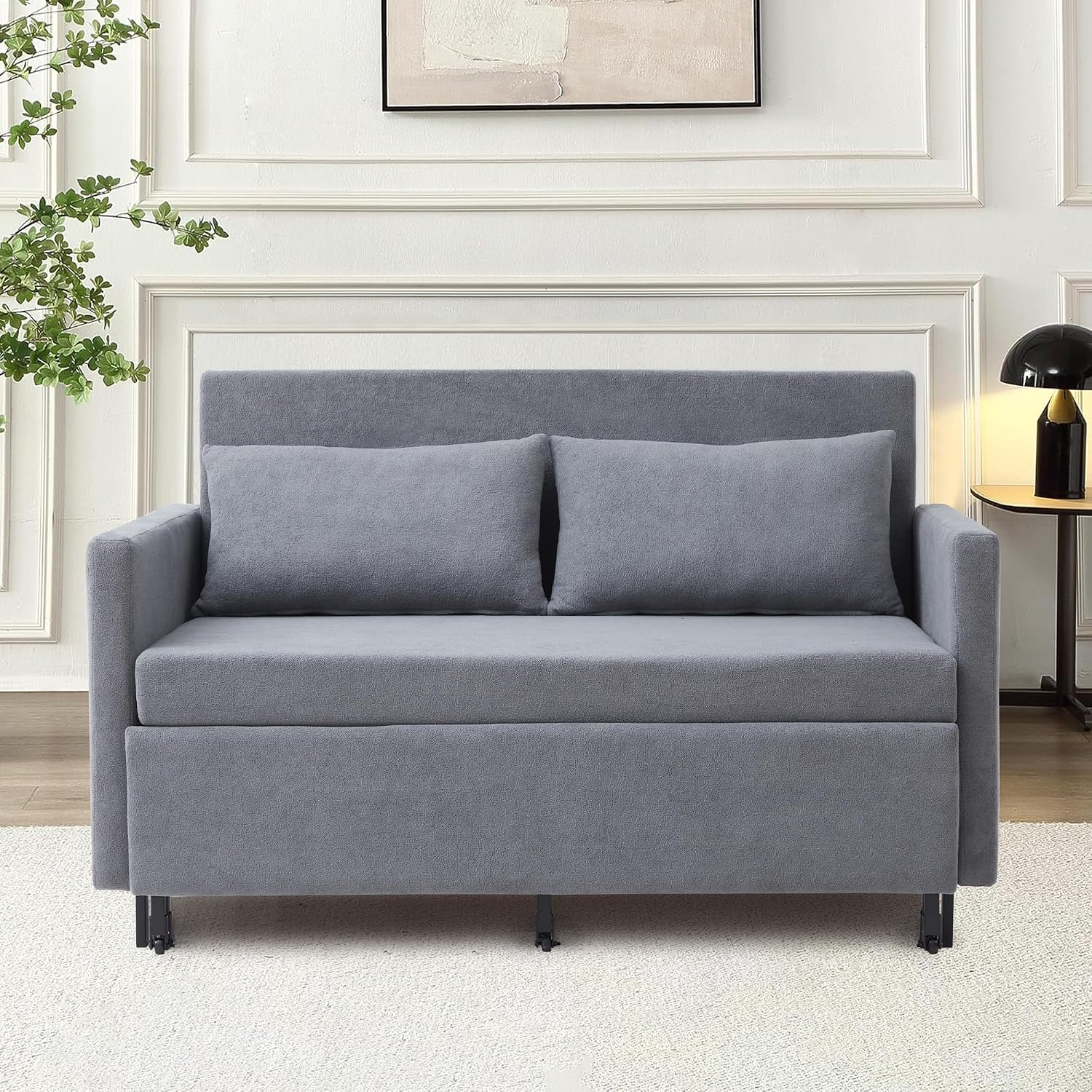 3-in-1 Sleeper Sofa Bed, 51'' Convertible Folding Couch with Pullout Bed, Chenille Futon Sleeper Sofa with Side Table and 2 Pillows, Modern Loveseat Couch for Living Room, Bedroom, Home Office (Grey)