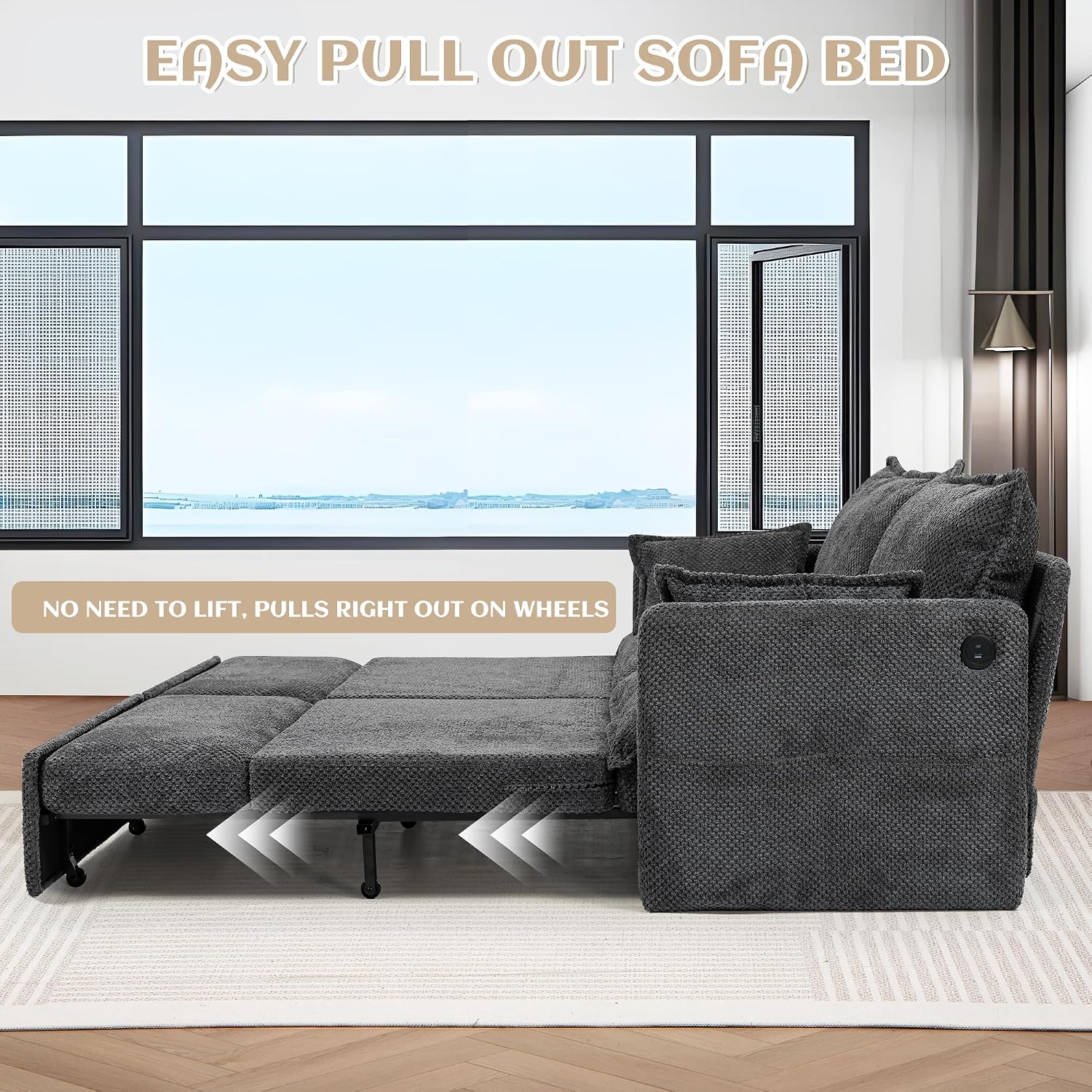 SUNWAVE 74' King Pull Out Sofa Bed -Convertible Sleeper Sofa Bed, Corduroy Pull Out Couch with USB Charging,Side Pockets for Living Room,Bedroom,Small Spaces(Charcoal, 74') | Stay Charging w/ USB, Loveseat by day, Sleeper by night, Space Saving