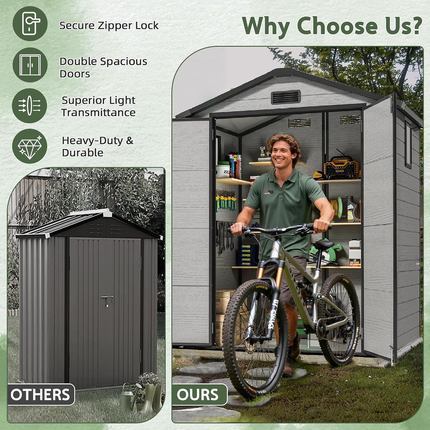 6×4FT Plastic Outdoor Storage Shed, Double Door Tool Shed with Vent, Lockable Door with Key, Storing Patio Furniture, Gardening Tools, and Bicycle Accessories
