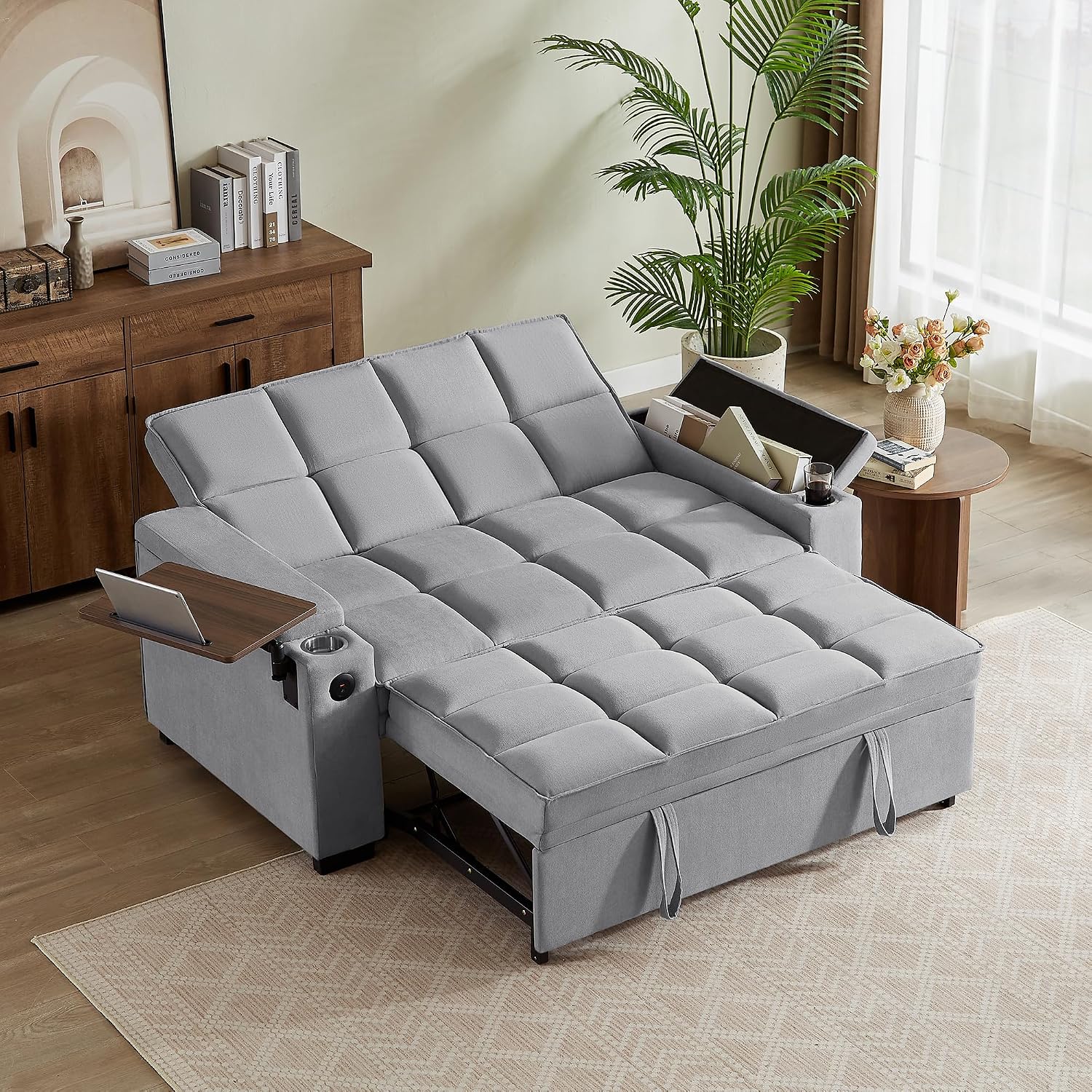 hansones 66' Multi-Functional Pull-Out Sofa Bed with Hidden Side Table, Storage Armrests, Built-in Charging Port, Spring Mattress, Solid Wood Frame – Ideal for Small Spaces, Easy Assembly