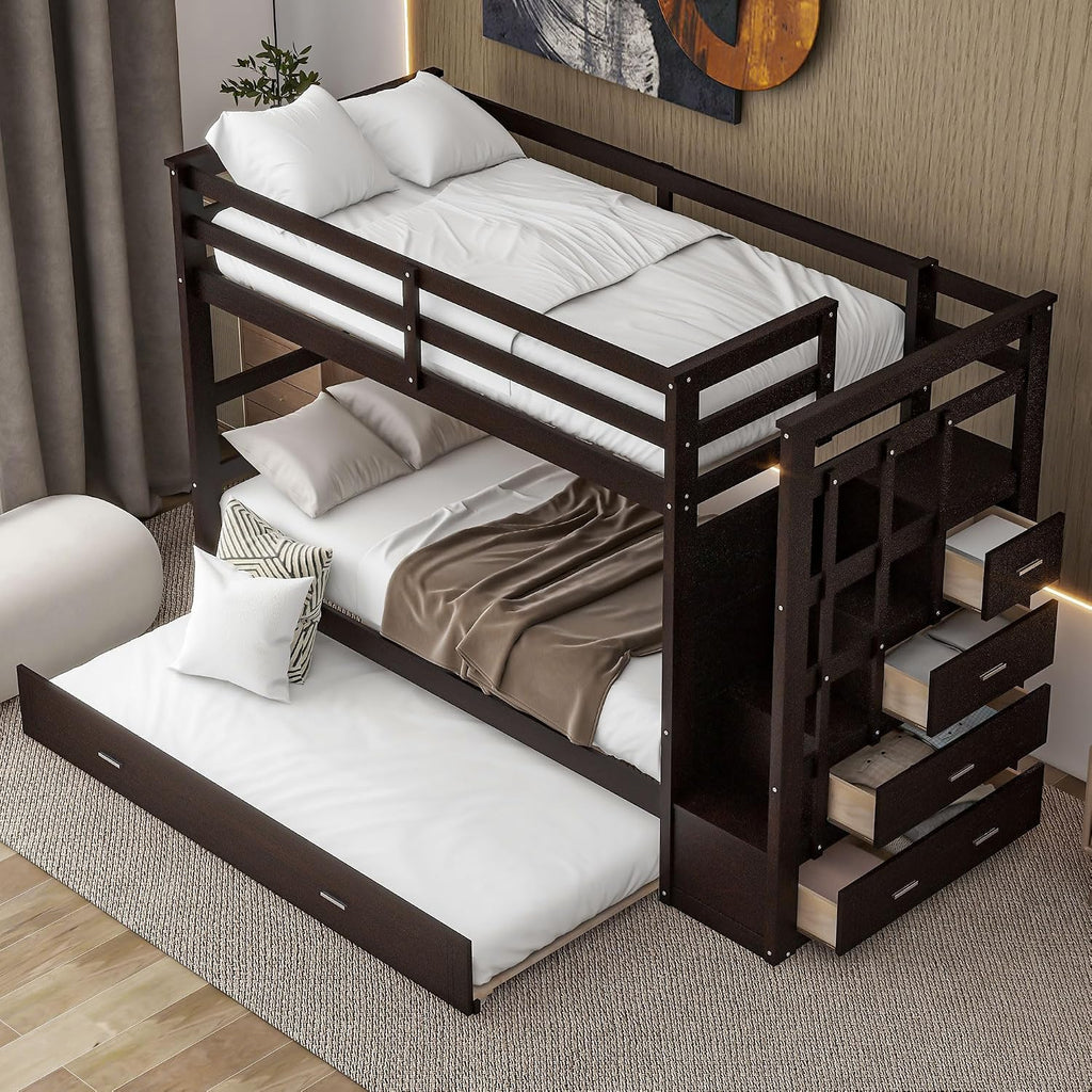 Harper & Bright Designs Twin Over Twin Bunk Bed with Staircase and Trundle, Solid Wood Bunk Beds with 4 Storage Drawers and Safety Guard Rail, Kids Bunk Bed Frame, No Box Spring Needed (Espresso)