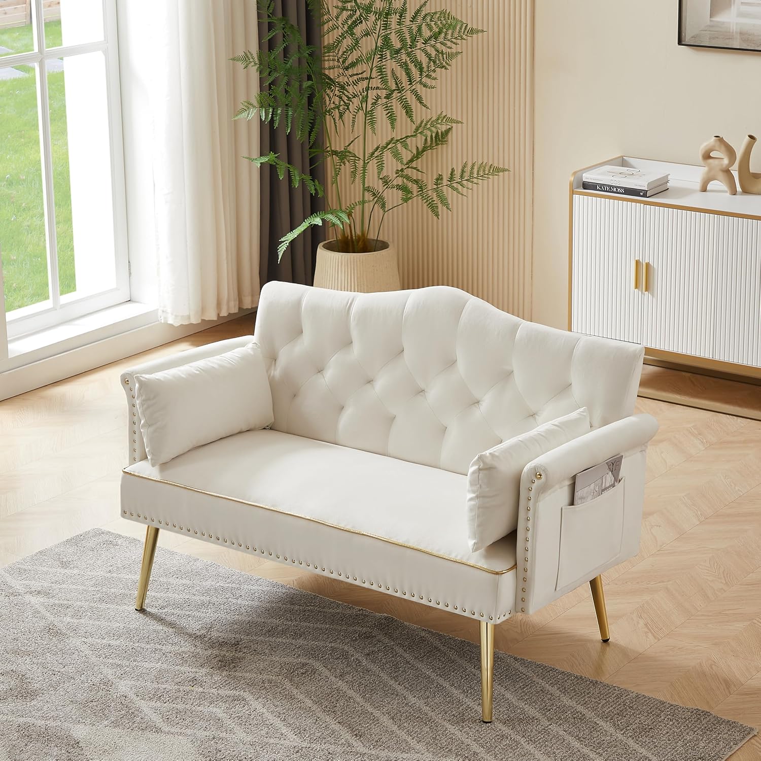 hansones 55-Inch Modern Velvet Loveseat Sofa with Gold Metal Legs & Side Pockets, Tufted Backrest, Perfect for Living Room, Bedroom, or Office (Modern Beige)