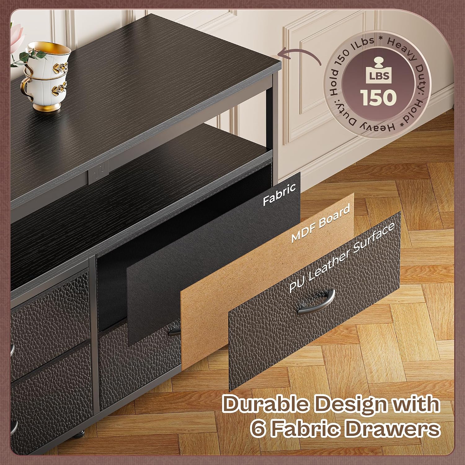 Huuger 63 Inch TV Stand for 55, 65, 70 Inch TV, Long Dresser TV Stand for Bedroom, Black LED TV Stand with Power Outlets, Fabric Drawer Dresser with Storage, Entertainment Center for Living Room