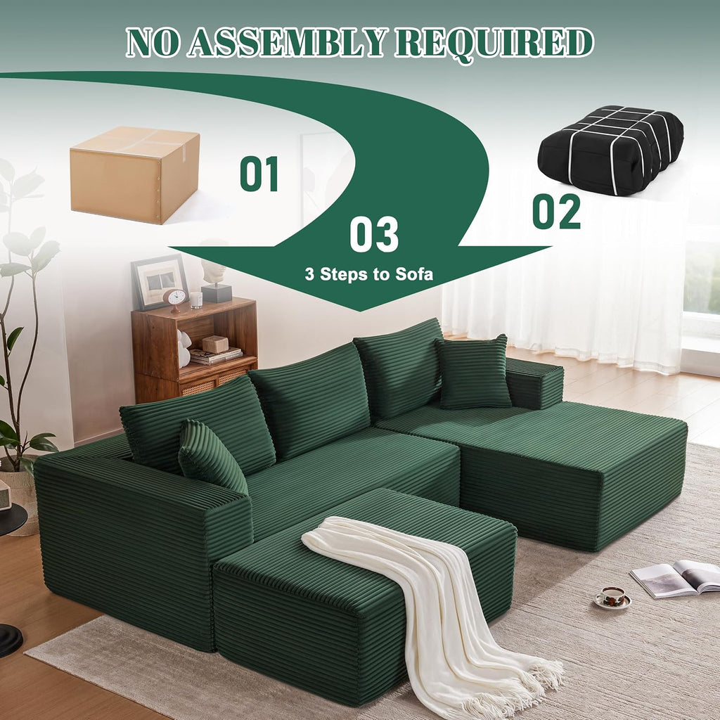 Mangodan 110' Cloud Sectional Couch, Boneless Sofa for Living Room, Modular Sectional Sofa with Deep Seat, Comfy Fluffy U-Shaped Couch with Right-Facing Chaise, No Assembly Required, Green