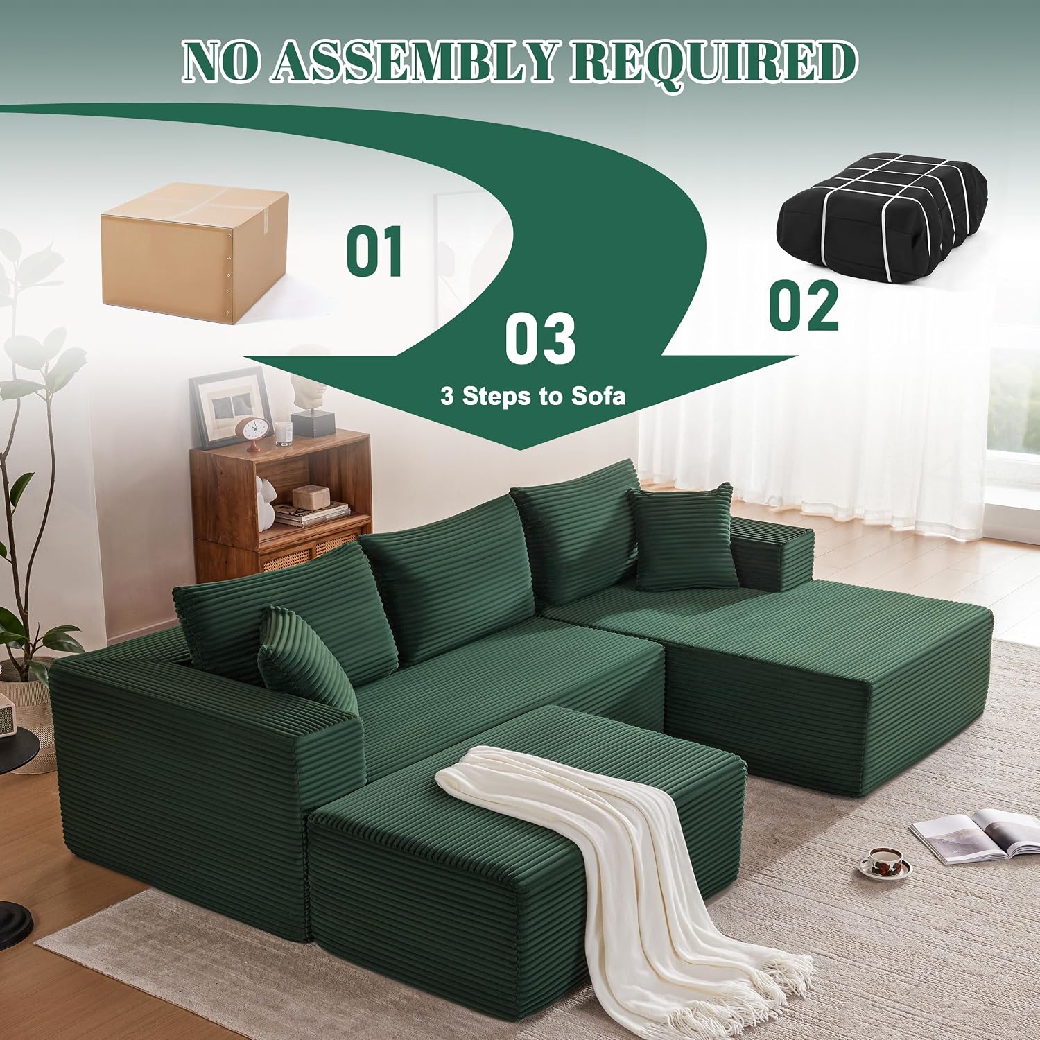 Mangodan 110' Cloud Sectional Couch, Boneless Sofa for Living Room, Modular Sectional Sofa with Deep Seat, Comfy Fluffy U-Shaped Couch with Right-Facing Chaise, No Assembly Required, Green