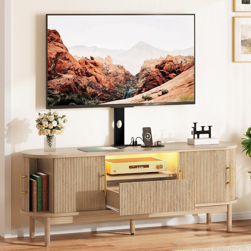 YITAHOME Fluted TV Stands for Living Room with Mount, Modern Entertainment Center for 32-70 inch TVs, LED Curved TV Stand with PowerOutlets & LED Light, Curved Profile Design, Natural Oak
