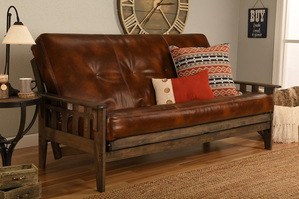 FutonX Rustic Walnut Frame and Mattress Set with Choice to add Drawers, 8 Inch Innerspring Futon Sofa Bed Full Size Wood (Brown Leather Matt and Frame (No Drawers))