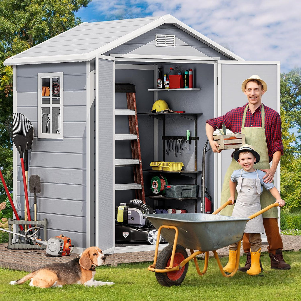 DWVO 6x4.4 FT Outdoor Resin Storage Shed with Reinforced Floor, All-Weather Bike Storage Shed with Lockable Door, Window and Vent, Waterproof Plastic Tool Storage for Garden, Backyard, Patio, Lawn