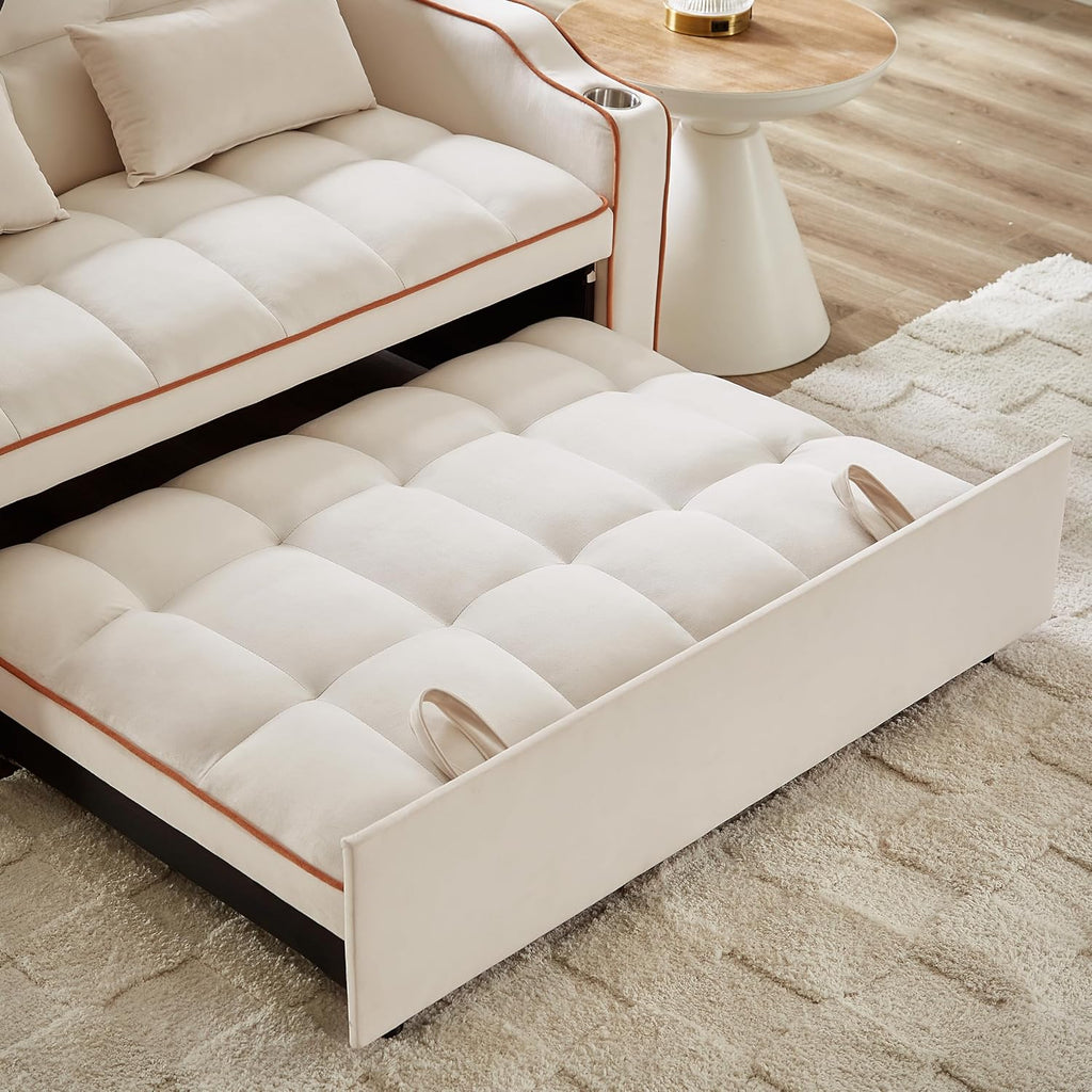 SLEERWAY 3-in-1 Convertible Futon Sofa Bed Chair, Multi-Functional Sleeper Chair Bed with Pull Out Couch and Adjustable Backrest, Modern Velvet Chaise Lounge Loveseat for Living Room Bedroom, Beige