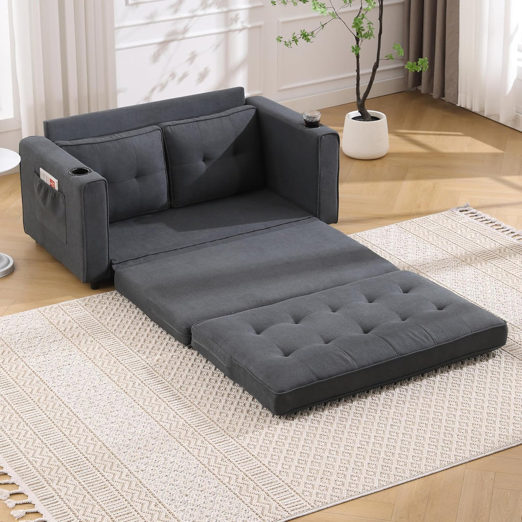 Merax Futon Sofa Bed, 3 in 1 Convertible Loveseat Sleeper with Pull Out Bed, Foldable Tufted Sofa Bed Couch W/Cup Holder and Side Pockets, for Living Room, Bedroom, Office, Dark Gray