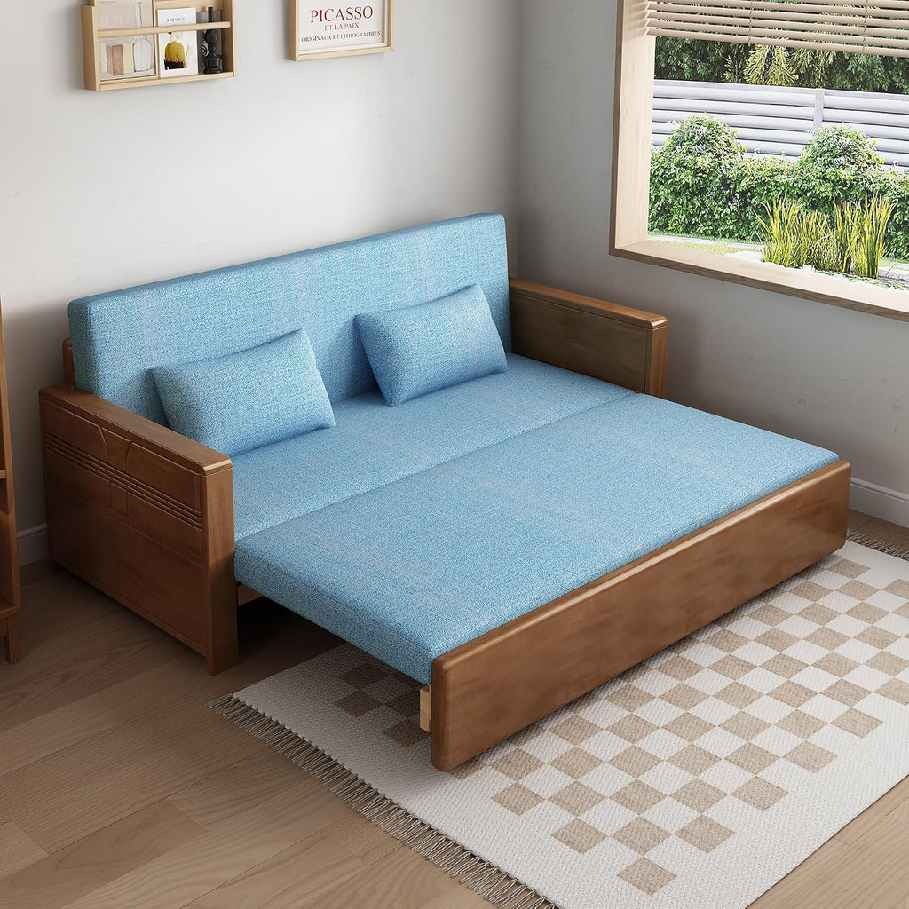 59' Convertible Sofa Sleeper,Blue Soft Cushion sectional Sleeper Couch with Reversible Chaise,solidwood Bed 3 in 1 Pull Out Couch,Walnut Color Sofa for livingroom,Apartment,Bedroom,Office