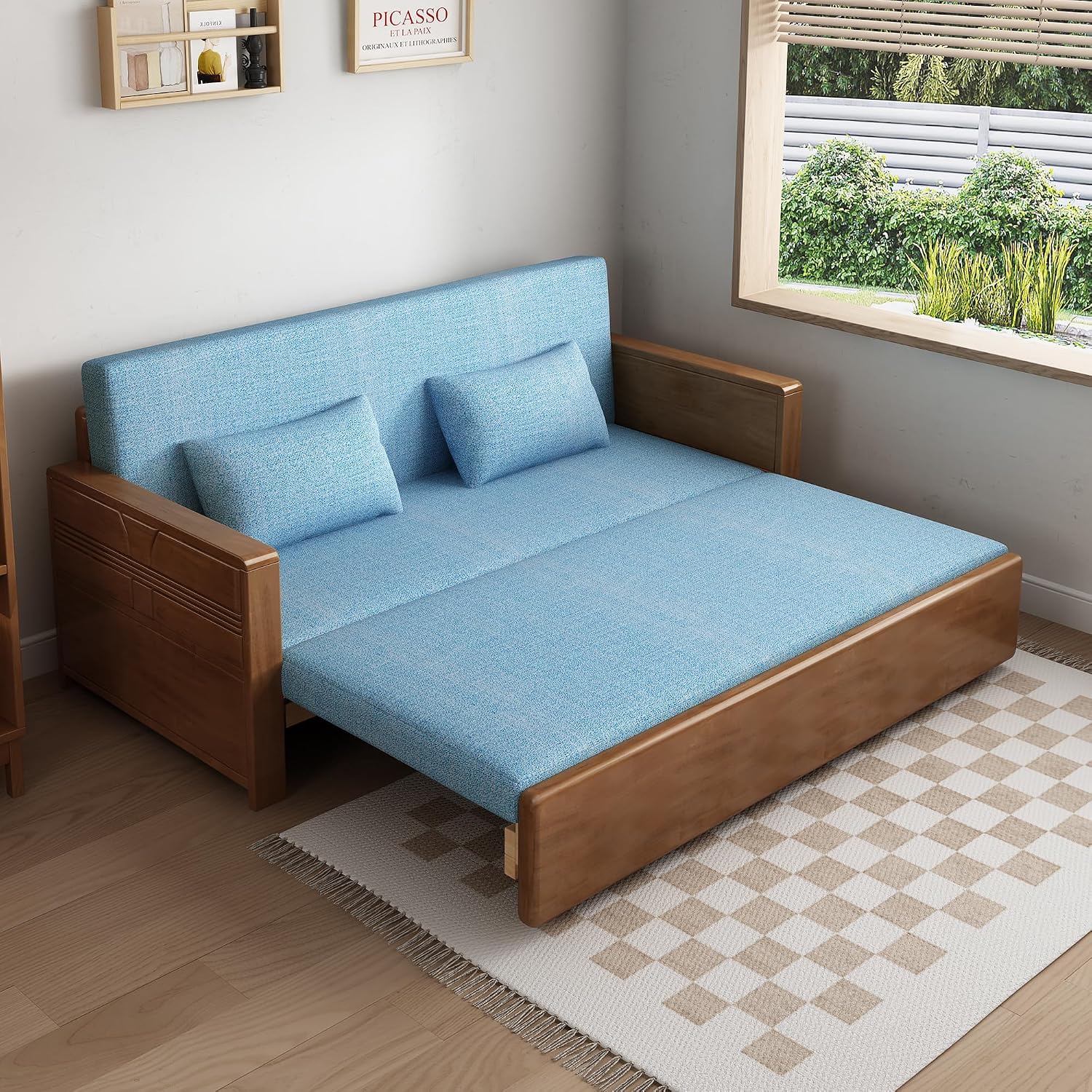 59' Convertible Sofa Sleeper,Blue Soft Cushion sectional Sleeper Couch with Reversible Chaise,solidwood Bed 3 in 1 Pull Out Couch,Walnut Color Sofa for livingroom,Apartment,Bedroom,Office