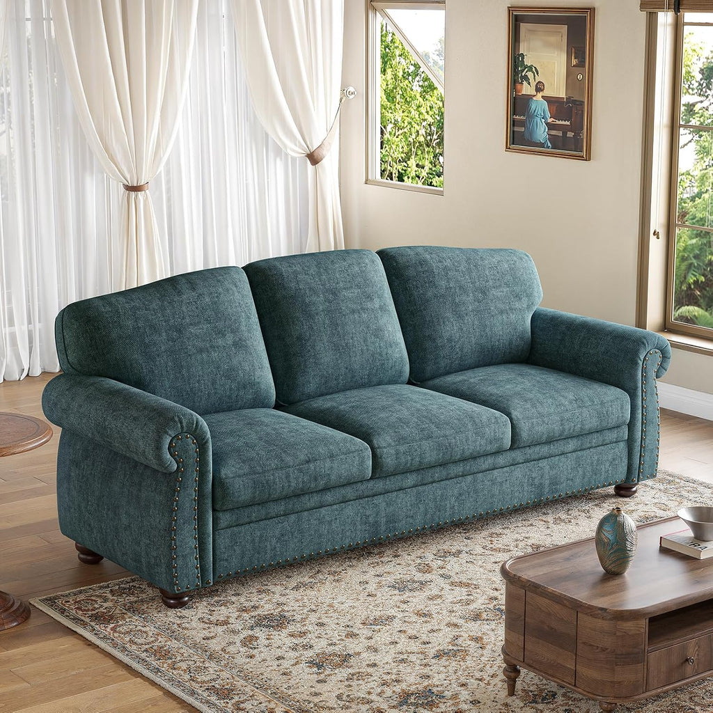 ONBRILL 90 Inch Rolled Arm Sofa for Living Room, Deep Seat Nailhead Trim Couch, Comfy 3 Seater Chenille Couch w/Wooden Leg, Springs Seat Cushion, Large Traditional Sofa for Farmhouse, Blue