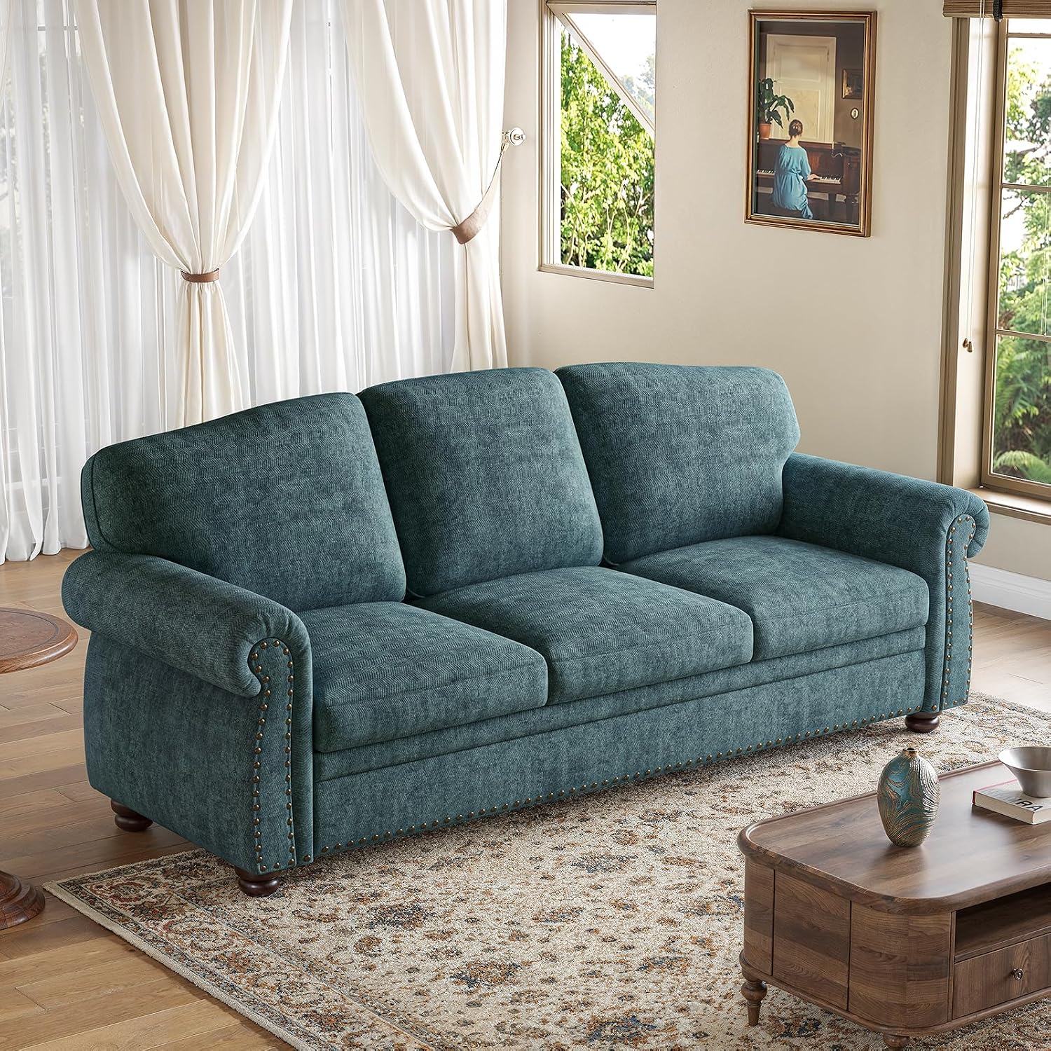 ONBRILL 90 Inch Rolled Arm Sofa for Living Room, Deep Seat Nailhead Trim Couch, Comfy 3 Seater Chenille Couch w/Wooden Leg, Springs Seat Cushion, Large Traditional Sofa for Farmhouse, Blue