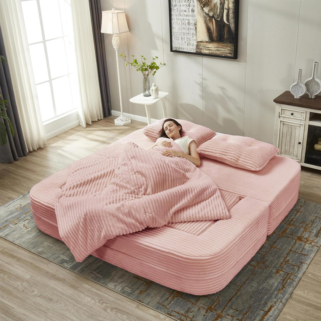 80' Convertible Sectional Sofa Bed with Independent Chaise Lounge and Functional Blanket, Multi-Functional Corduroy Boneless Couch, Foldable Futon Sleeper Sofa with Deep Seat, Baby Pink