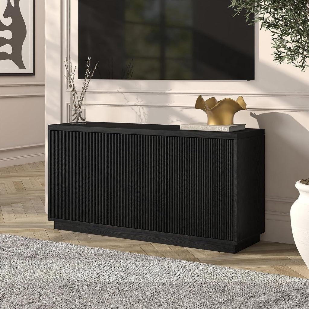 Henn&Hart Fluted TV Stand for TVs up to 55' with 3 Swing Out Ribbed Doors and Adjustable Shelves for Living Room, Family Room, or Office, Natural Black