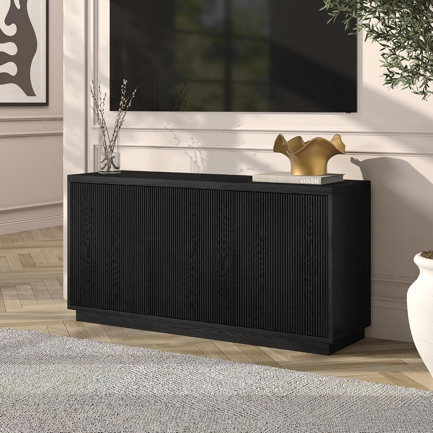 Henn&Hart Fluted TV Stand for TVs up to 55' with 3 Swing Out Ribbed Doors and Adjustable Shelves for Living Room, Family Room, or Office, Natural Black