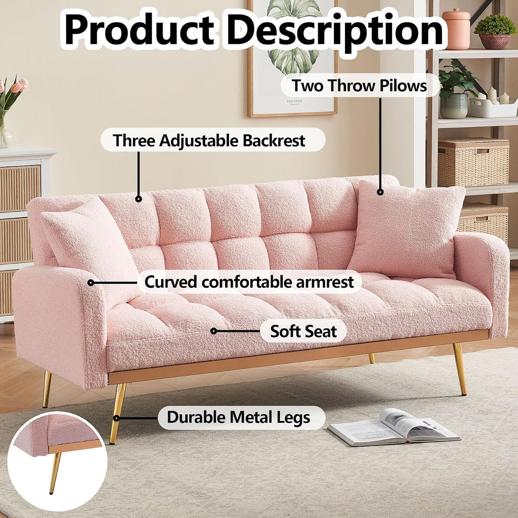Comfy Futon Sofa Bed with 2 Pillows, Pink Futon Couch Bed with Gold Legs, Small Convertible Sofa Bed Couch for Living Room, Modern Loveseat for Bedroom, Curved Arms, Plush Tufted-Shaped,Teddy (Pink)