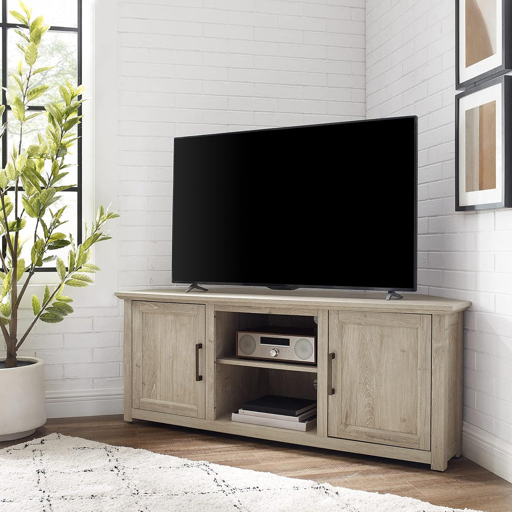 Crosley Furniture Camden Corner TV Stand for 65+ inch TVs, Entertainment Center with Storage Shelves, Frosted Oak