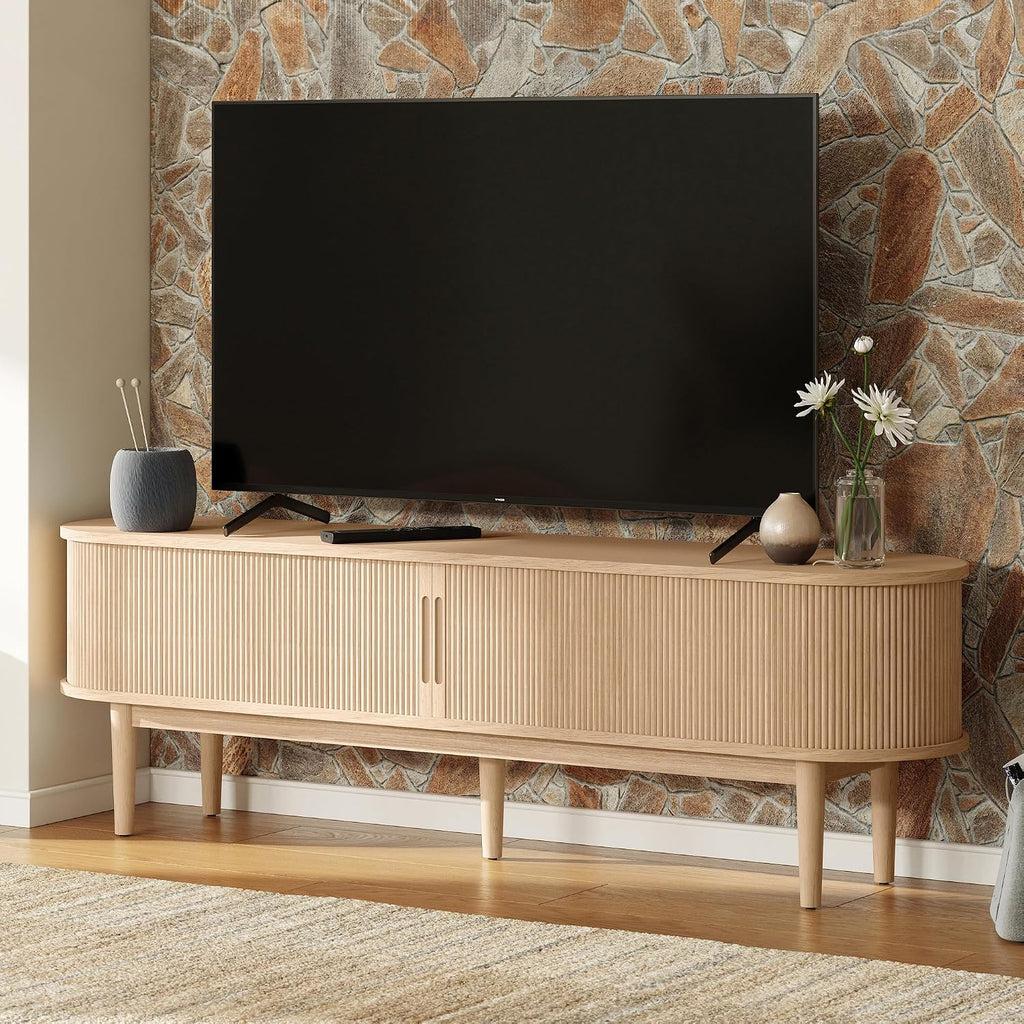 LINSY HOME 58' Fluted TV Stand for TVs up to 65 Inch, Mid Century Modern Entertainment Center with Storage Cabinet and Sliding Doors, Farmhouse Wood Media TV Console for Living Room, Bedroom, Oak