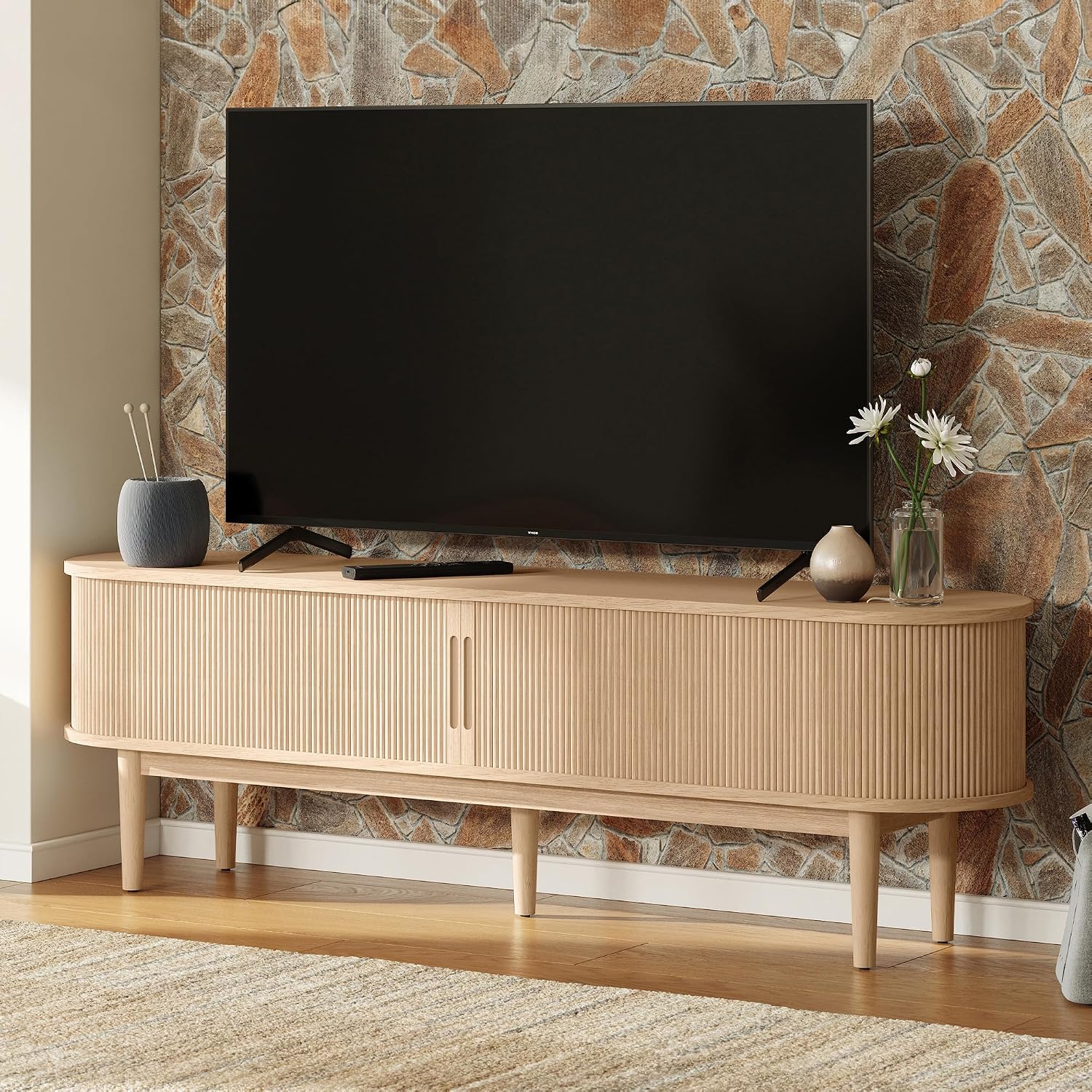 LINSY HOME 58' Fluted TV Stand for TVs up to 65 Inch, Mid Century Modern Entertainment Center with Storage Cabinet and Sliding Doors, Farmhouse Wood Media TV Console for Living Room, Bedroom, Oak
