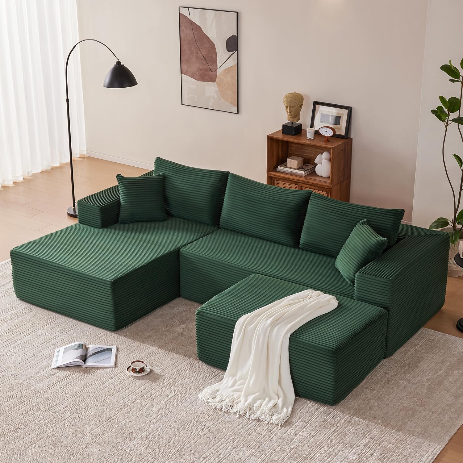 Mangodan 110' Cloud Sectional Couch, Modular Sectional Sofa with Deep Seat, Boneless Sofa for Living Room, Fluffy Comfy U-Shaped Couch with Left Facing Chaise, No Assembly Required, Green