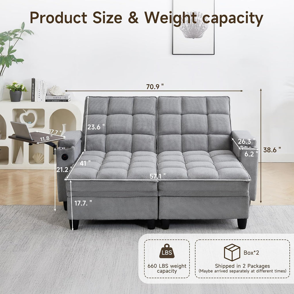 70.9' Chaise Lounge Chair Indoor, Oversized Boucle Upholstered Sofa Bed, Adjustable Backrest Deep Seat Reading Chair, Sofas Couches for Living Room with Storage, Cup Holders and 360° Swivel Side Table