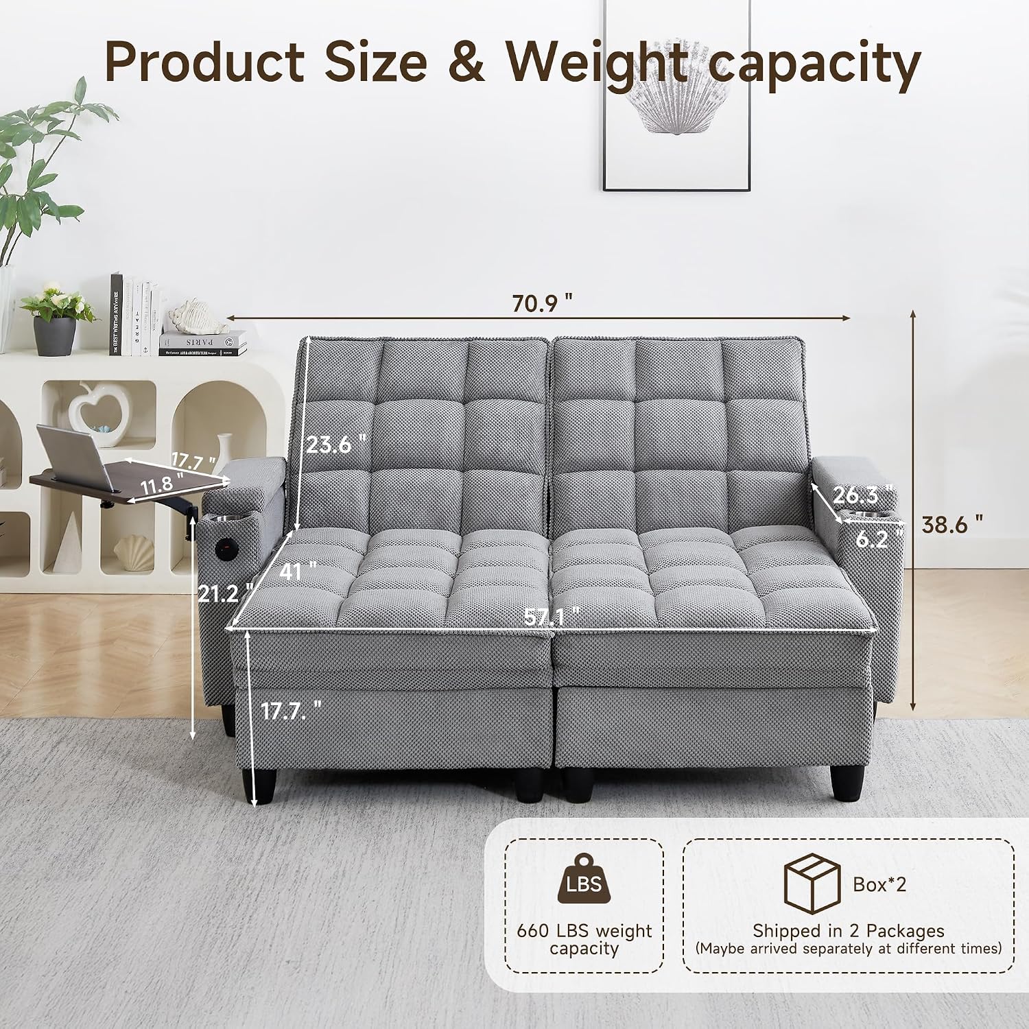 70.9' Chaise Lounge Chair Indoor, Oversized Boucle Upholstered Sofa Bed, Adjustable Backrest Deep Seat Reading Chair, Sofas Couches for Living Room with Storage, Cup Holders and 360° Swivel Side Table