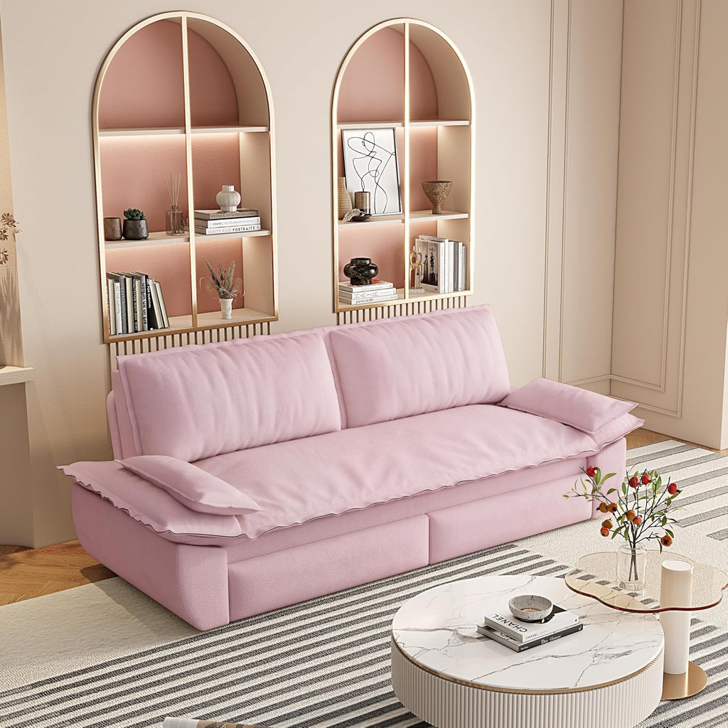 73.2' Sofa Bed Queen, 3-in-1 Pull Out Sofa Bed with Pillow Armrest, Modern Velvet Convertible Sleeper Futon Sofa for Living Room Small Space, Apartment, Bedroom, Pink