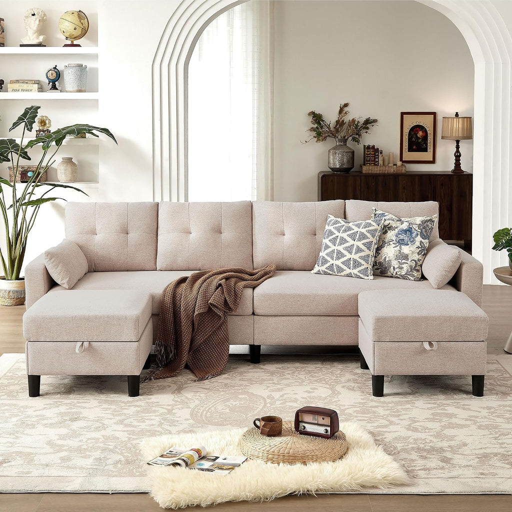 101' Convertible Sectional Sofa, Modern Linen Fabric U-Shaped Couch with 2 Storage Ottomans and Storage Pocket, 4 Seat Sofa Couches for Living Room, Apartment, Office, Beige