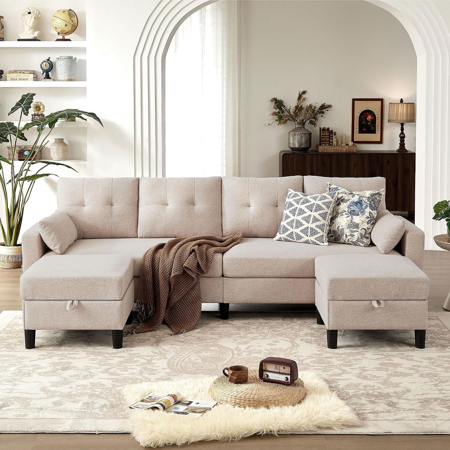 101' Convertible Sectional Sofa, Modern Linen Fabric U-Shaped Couch with 2 Storage Ottomans and Storage Pocket, 4 Seat Sofa Couches for Living Room, Apartment, Office, Beige