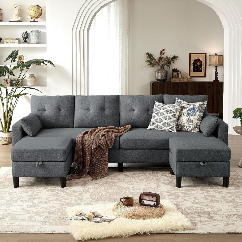 101' Convertible Sectional Sofa, Modern Linen Fabric U-Shaped Couch with 2 Storage Ottomans and Storage Pocket, 4 Seat Sofa Couches for Living Room, Apartment, Office, Darkgrey