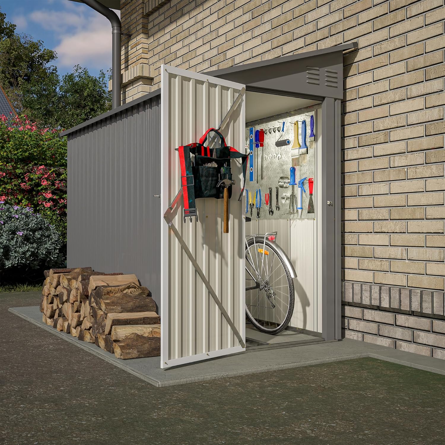 YOPTO 4×8 FT Lean to Metal Shed,Outdoor Heavy-Duty Storage Shed with Floor Base,All Weather Waterproof Garden Tool House W/Lockable Door&2 Air Vents,Reversible Door Design,for Backyard,Patio,Lawn,Gray