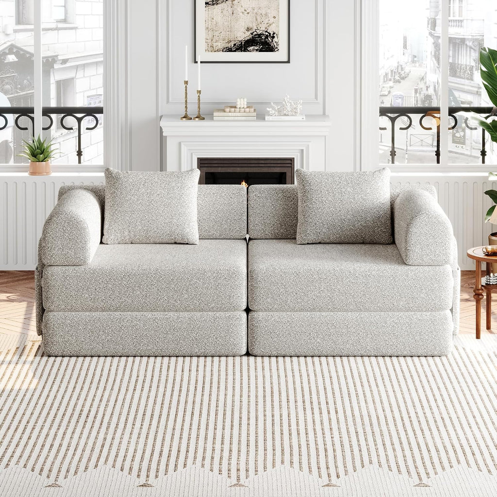 4-in-1 Convertible Folding Sofa Bed, 72' Oversized Chenille Upholstered Boneless Couch, Loveseat Sleeper Sofa Bed, Floor Sofabed Modular Futon Couch for Living Room Bedroom Lounge, Beige
