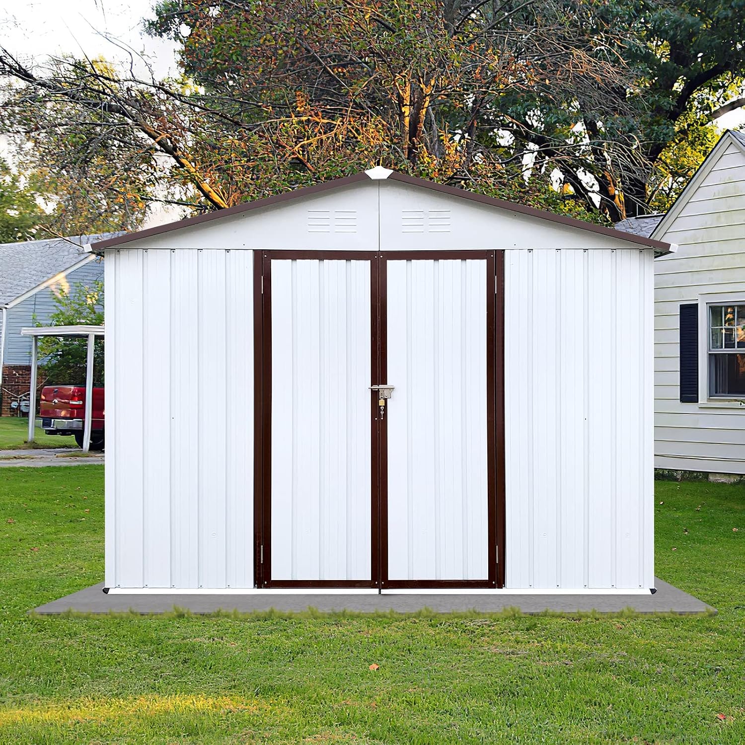 10 x8 FT Metal Outdoor Storage Shed & Double Hinged Large Door - Heavy-Duty Shed with Floor, Lockable & Ventilation - Rainproof Windproof Large Utility Garden Shed for Backyard Patio Lawn - Brown