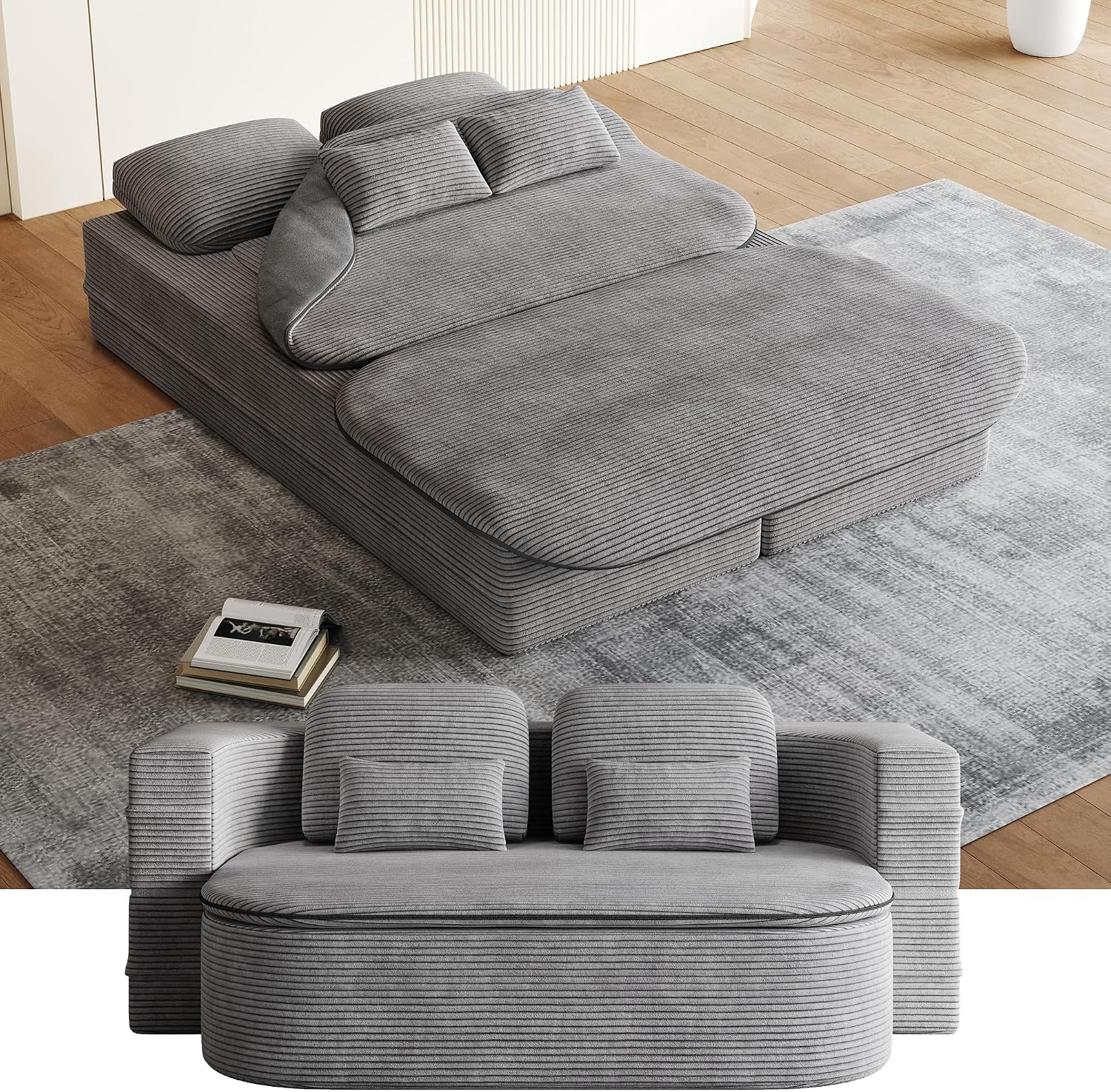 Convertible Folding Futon Sofa Bed, 2-in-1 Corduroy Love seat Sleeper Sofa with Functional Blanket, Foldable Full Size Guest Couch Bed with 4 Soft Pillows for Living Room (Grey)