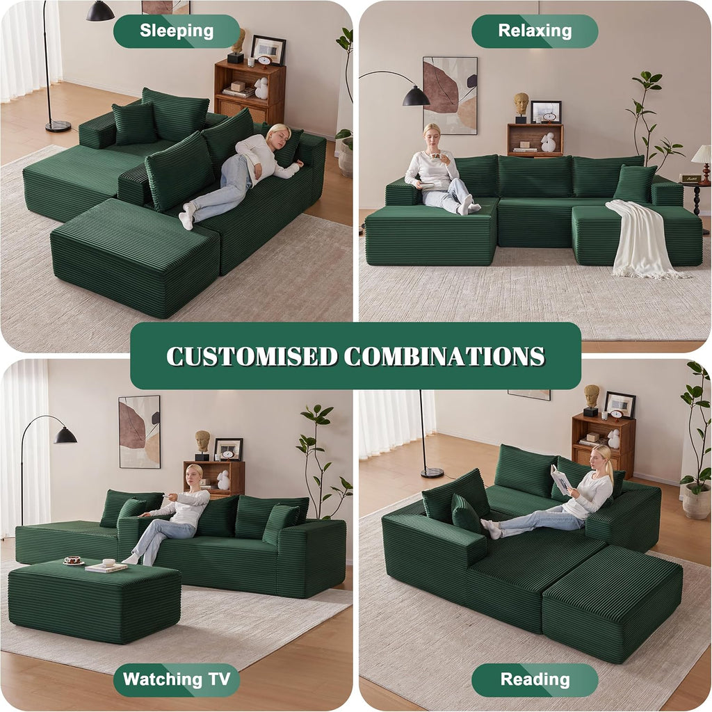 Mangodan 110' Cloud Sectional Couch, Modular Sectional Sofa with Deep Seat, Boneless Sofa for Living Room, Fluffy Comfy U-Shaped Couch with Left Facing Chaise, No Assembly Required, Green