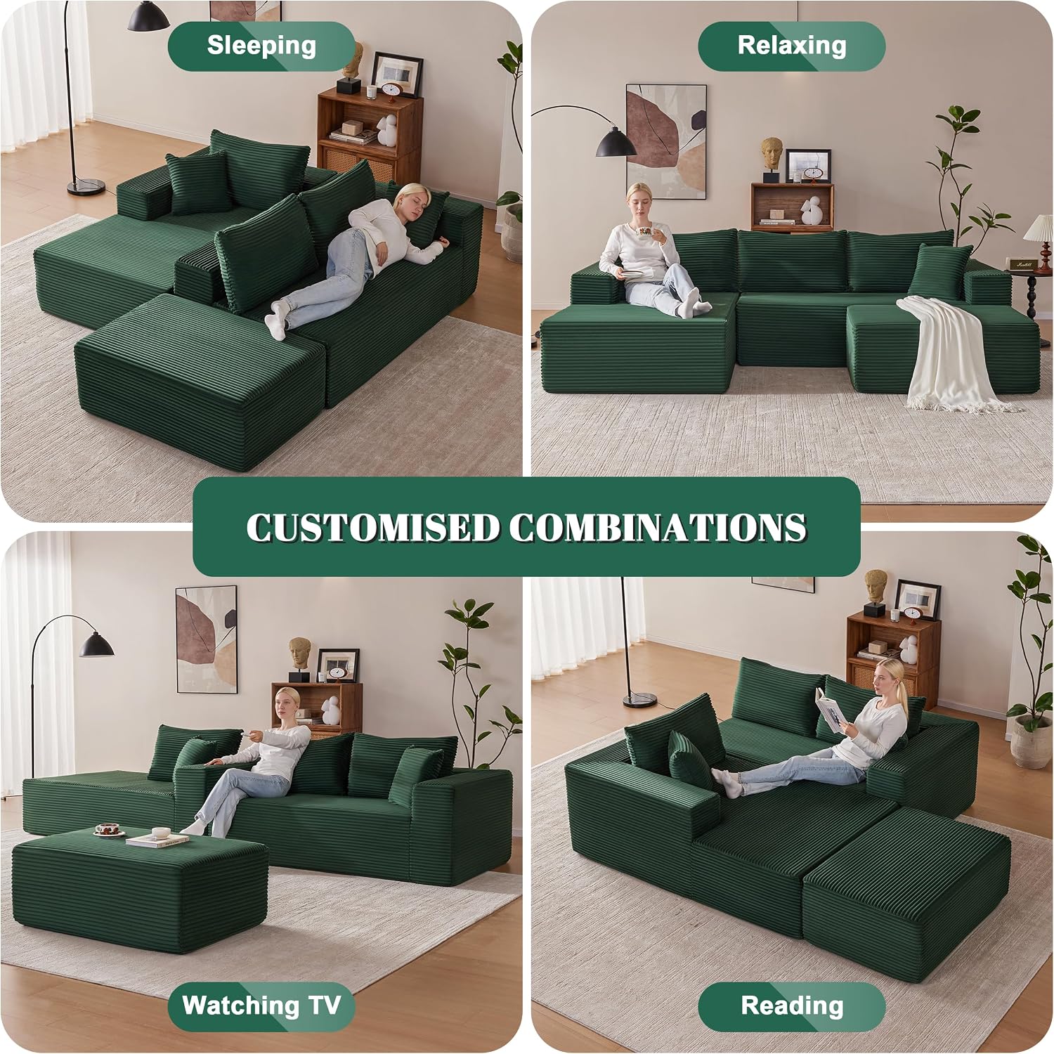 Mangodan 110' Cloud Sectional Couch, Modular Sectional Sofa with Deep Seat, Boneless Sofa for Living Room, Fluffy Comfy U-Shaped Couch with Left Facing Chaise, No Assembly Required, Green