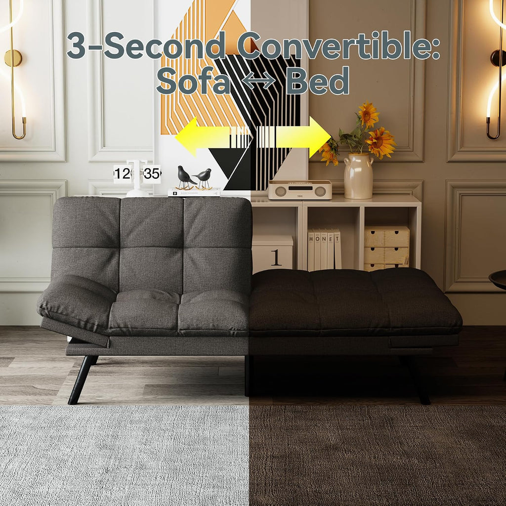 Futon Sofa Bed Convertible Couch, Grey Linen Sofa Bed with Memory Foam, Adjustable Backrest & Armrests, Multifunctional Small Loveseat Sleeper Sofa for Living Room, Apartment, Office